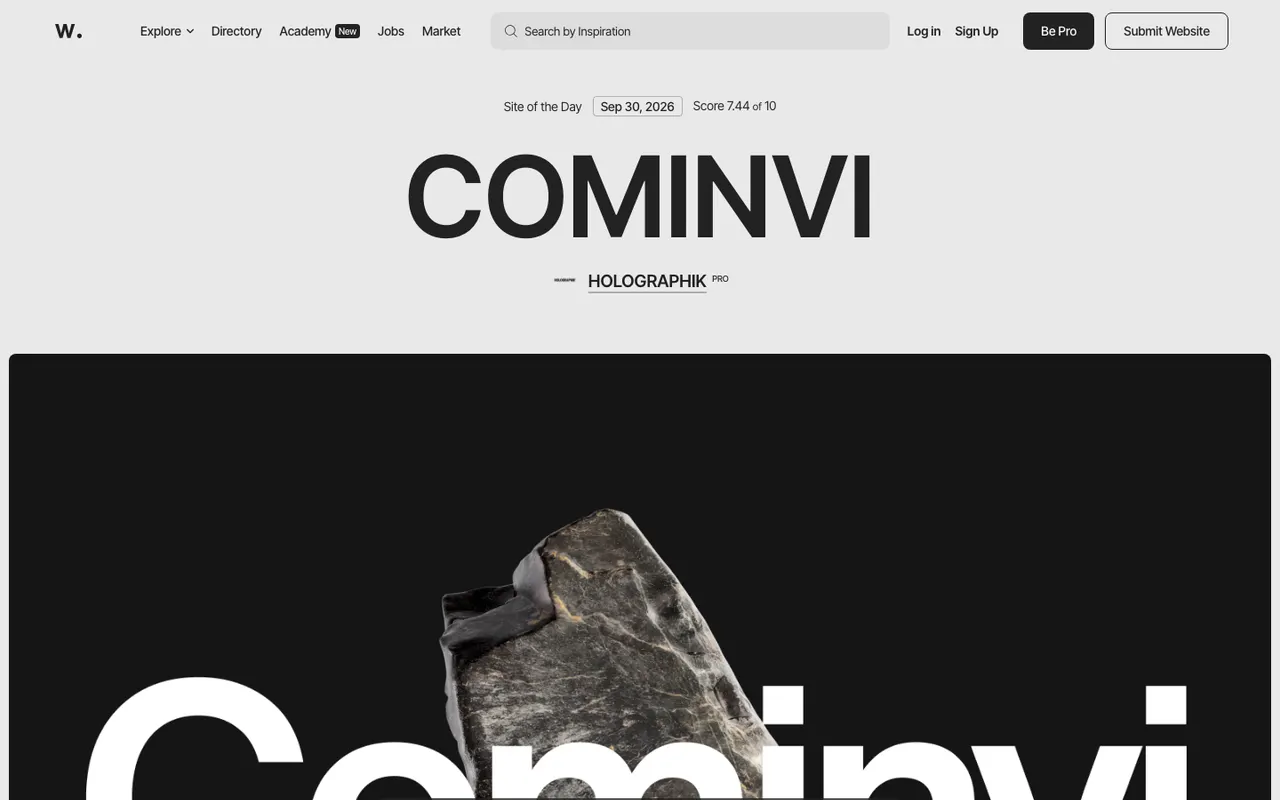 Awwwards Site of the Day page featuring a large dark, typography-led hero