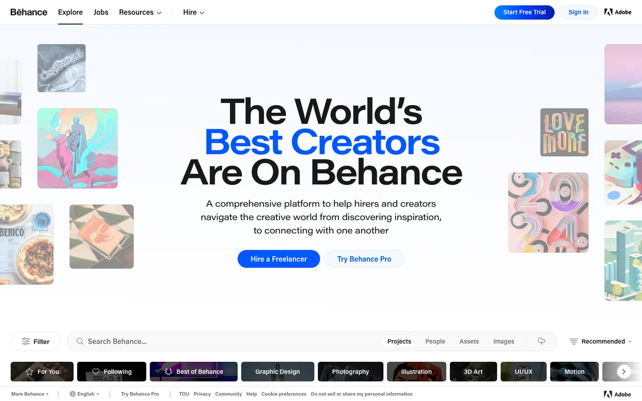 Behance homepage with the headline 'The World's Best Creators Are On Behance' surrounded by creative project thumbnails, with a search bar and category tabs such as UI/UX