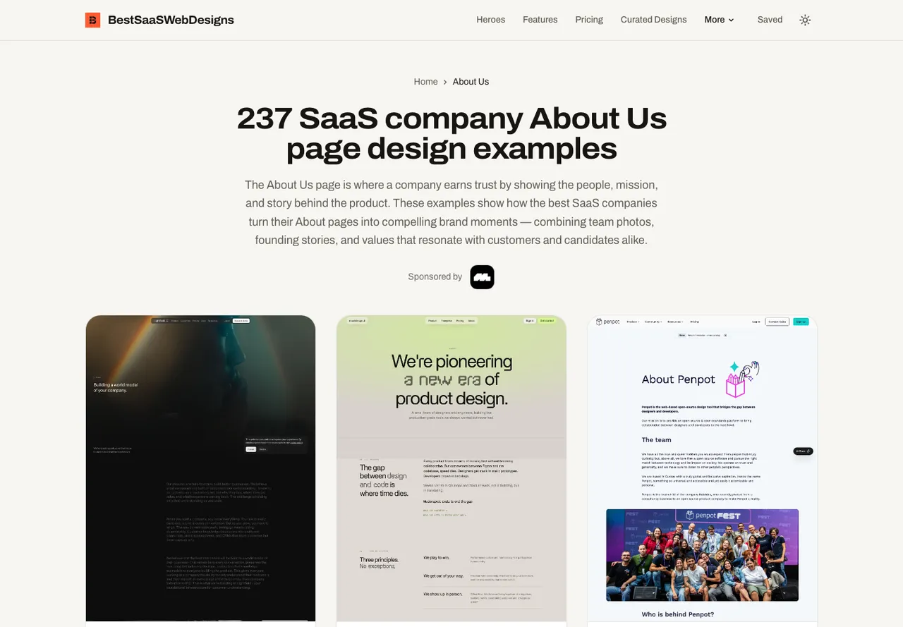 BestSaaSWebDesigns About Us hub page headlined 237 SaaS company About Us page design examples, with a grid of full-page About Us screenshots including Penpot's team photo page