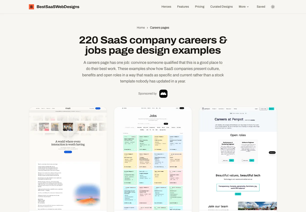 BestSaaSWebDesigns careers page hub headed '220 SaaS company careers & jobs page design examples', showing full-page screenshots of Otelli, a jobs board and Penpot careers pages