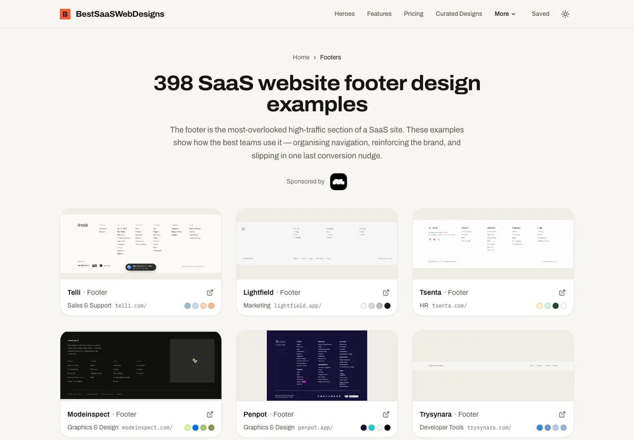 BestSaaSWebDesigns footer hub page headed '398 SaaS website footer design examples', showing a grid of footer screenshots for Telli, Lightfield, Tsenta, Modeinspect, Penpot and Trysynara, each with category, domain and color palette swatches