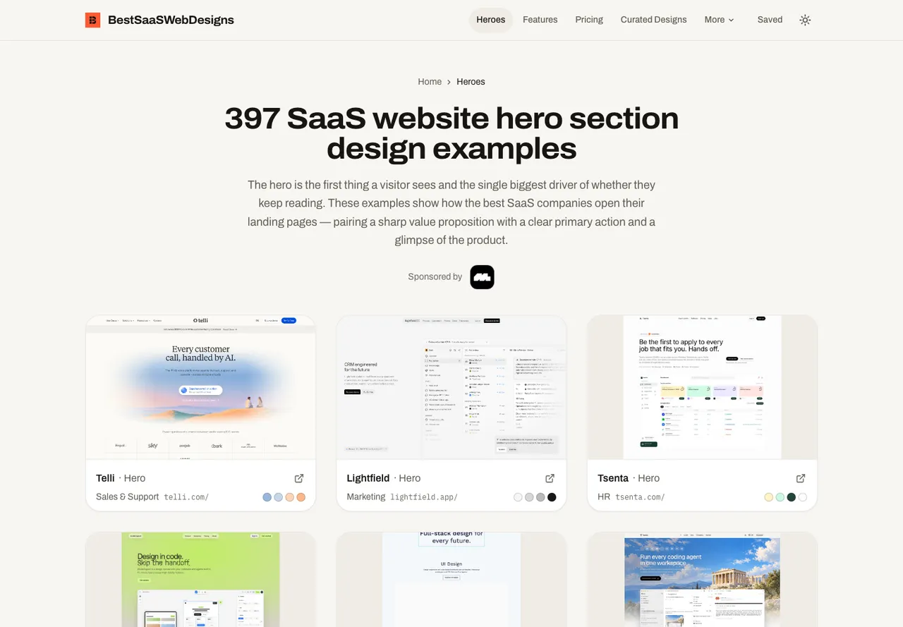 BestSaaSWebDesigns hero section hub page listing 397 SaaS hero examples with color palette swatches under each card