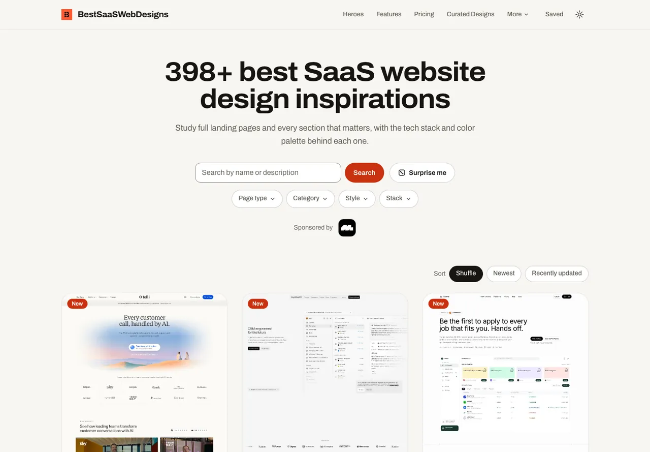 BestSaaSWebDesigns homepage with the headline '398+ best SaaS website design inspirations', a search bar, Page type, Category, Style and Stack filters, and the first row of SaaS site screenshot cards