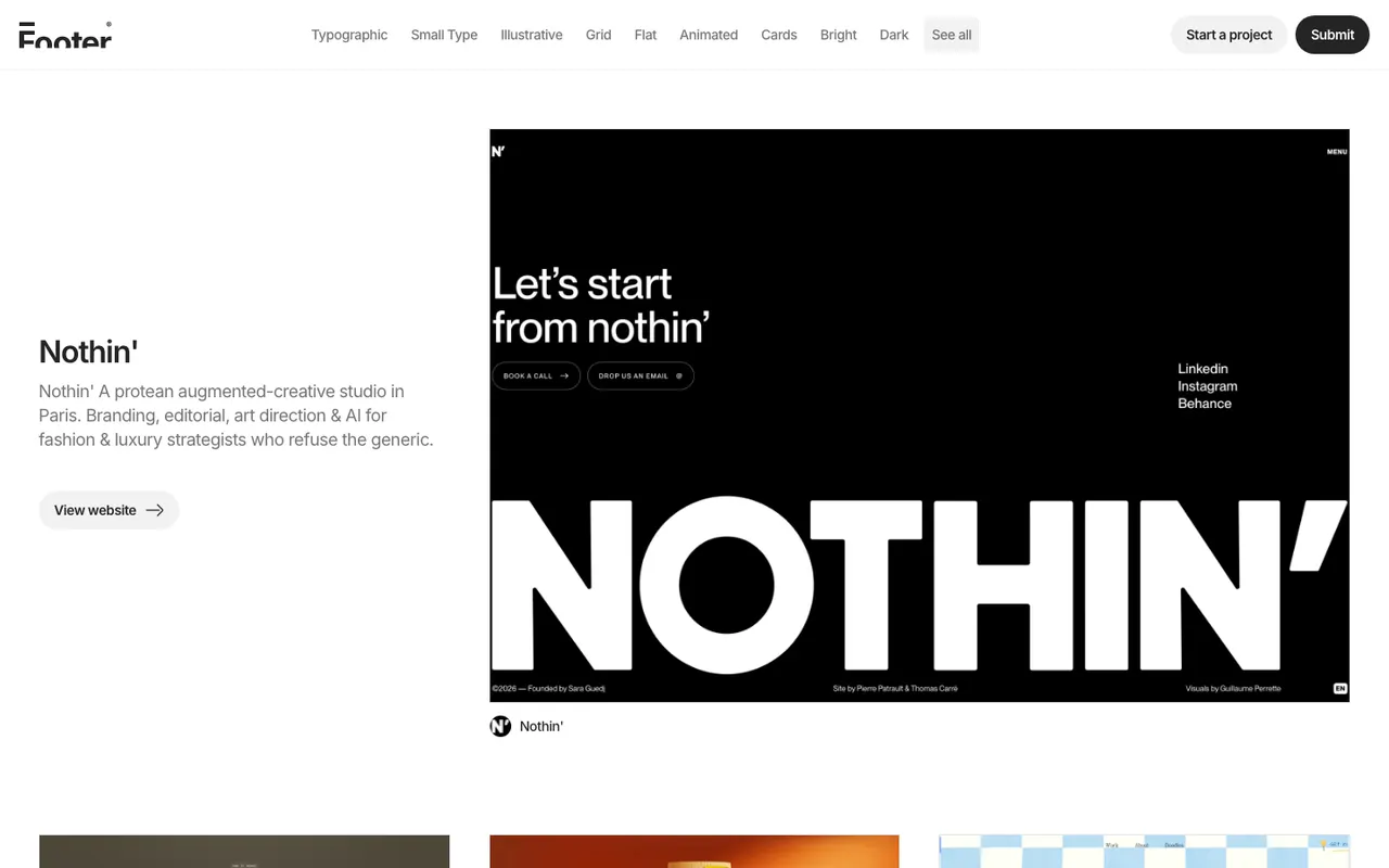 Footer.design homepage with a row of style filters (Typographic, Small Type, Illustrative, Grid, Flat, Animated, Cards, Bright, Dark) above a featured black footer from the studio Nothin'