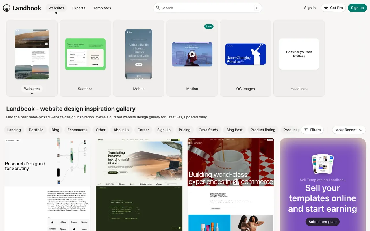 Land-book website design inspiration gallery with Websites, Sections and Motion tabs