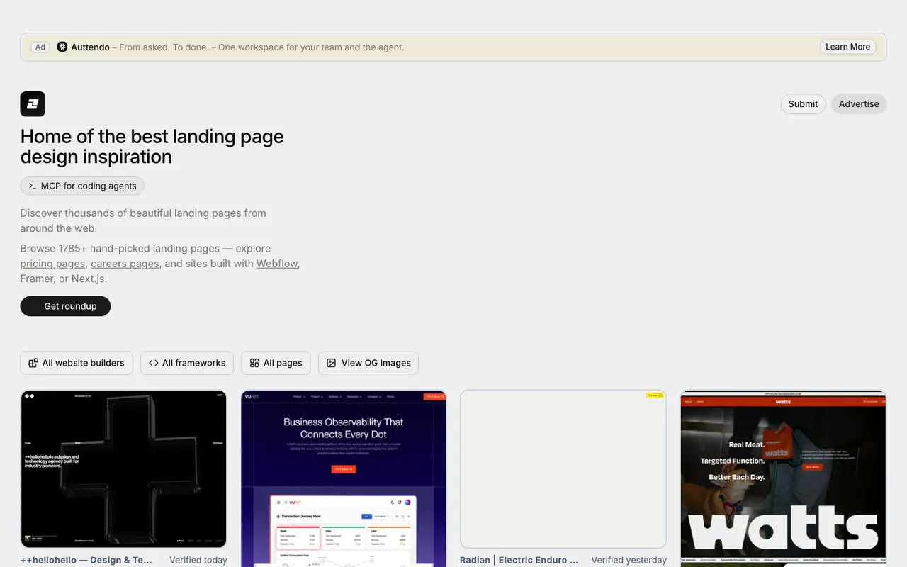 Landing.Gallery homepage headed 'Home of the best landing page design inspiration', with links to pricing pages and careers pages and a grid of site screenshots