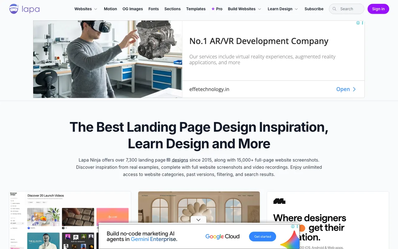 Lapa Ninja homepage headed 'The Best Landing Page Design Inspiration' stating over 7,300 landing page designs since 2015, with ads above and below the fold