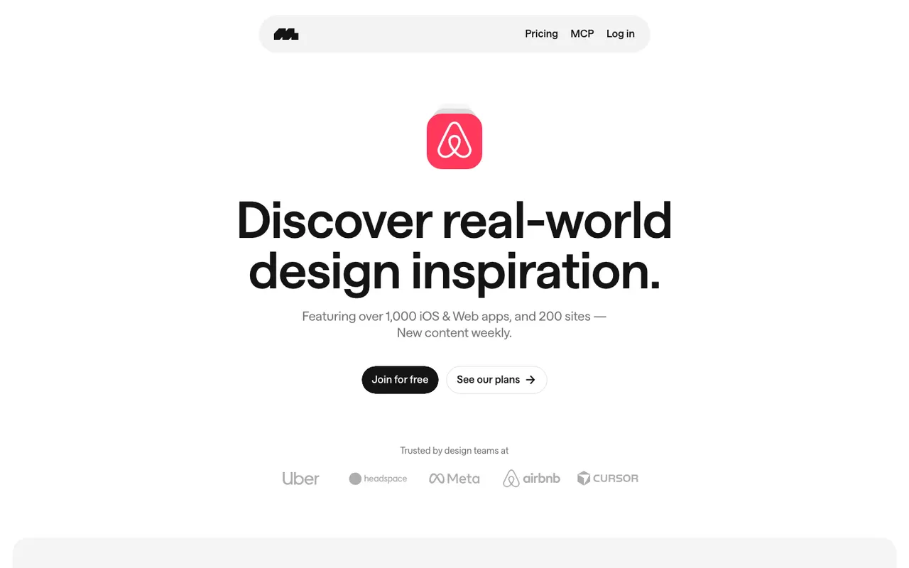 Mobbin homepage with the headline 'Discover real-world design inspiration', a Join for free button and a row of design-team logos