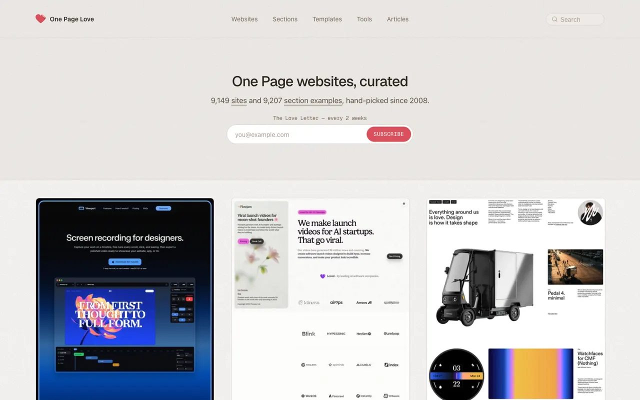One Page Love homepage with hand-picked one-page website previews and a newsletter signup