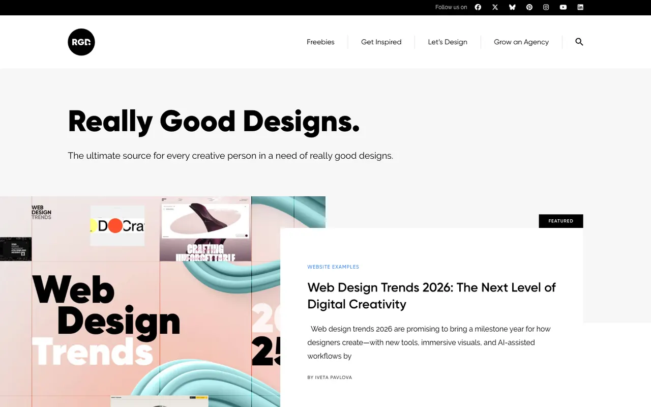 Really Good Designs homepage with a featured web design trends article