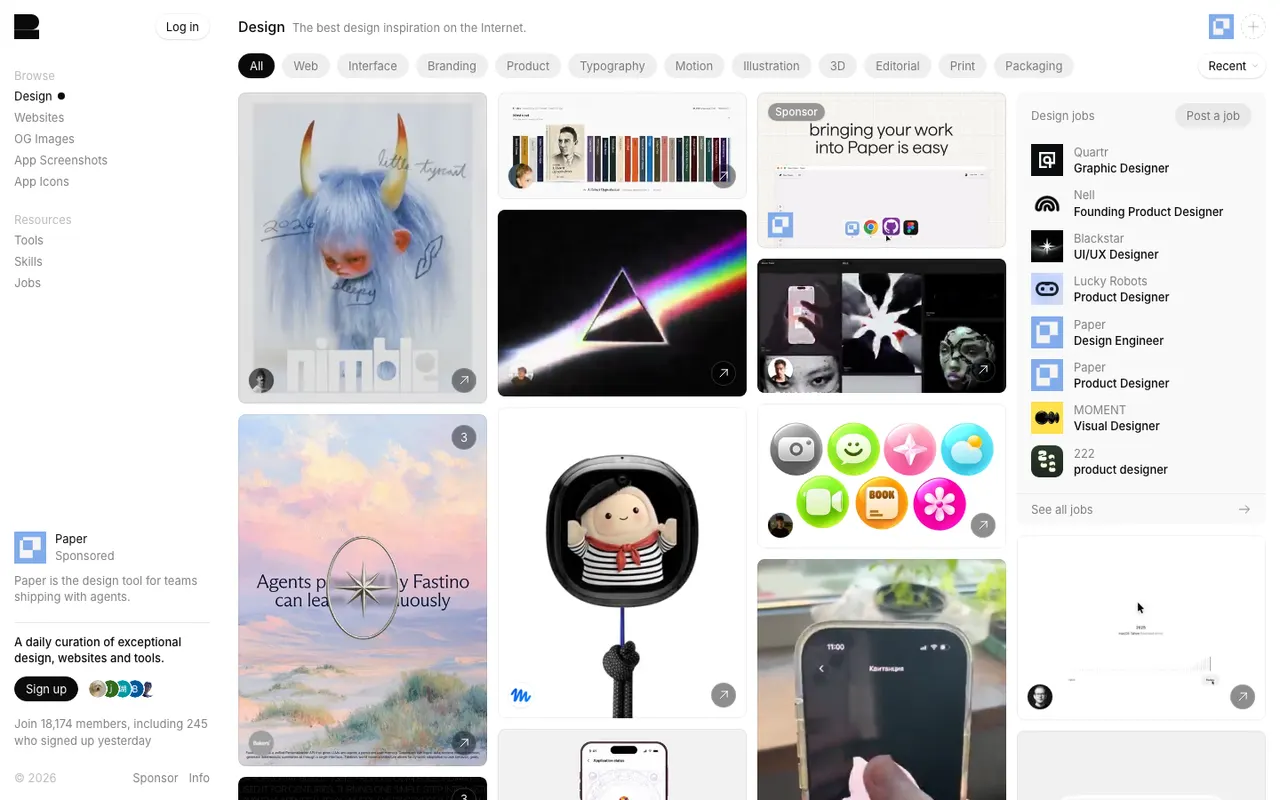 recent.design gallery organized by design discipline filters with a design jobs sidebar