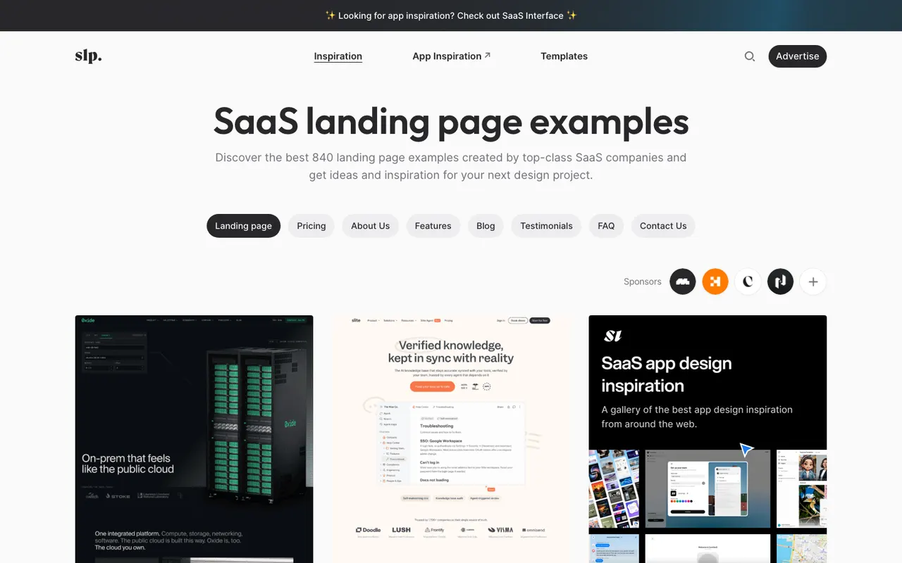 SaaS Landing Page homepage headed 'SaaS landing page examples' with tabs for Landing page, Pricing and About Us over a grid of landing page screenshots