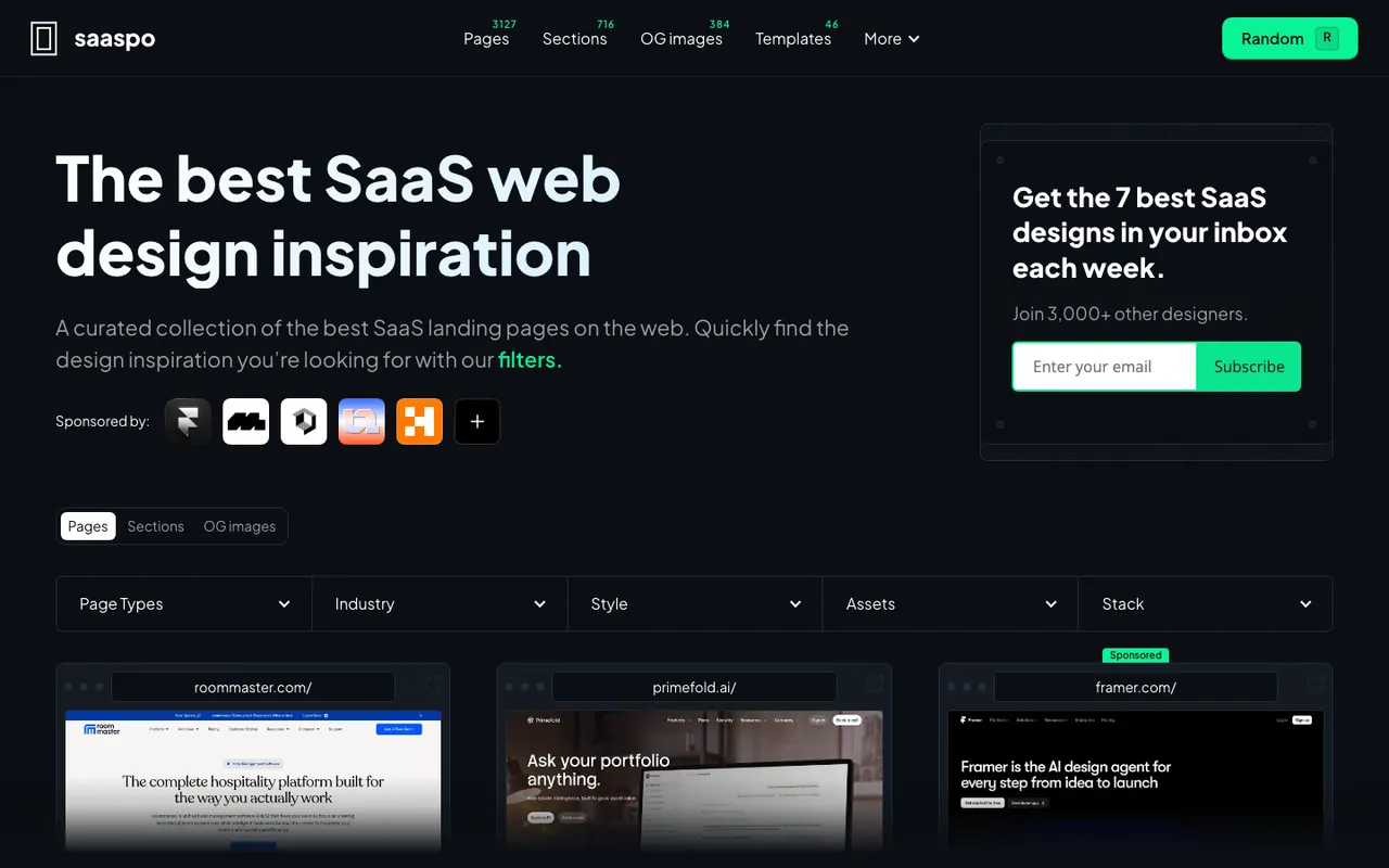Saaspo homepage on a dark theme with the headline 'The best SaaS web design inspiration', page, section and OG image counts in the nav, filter dropdowns and the first row of landing page screenshots