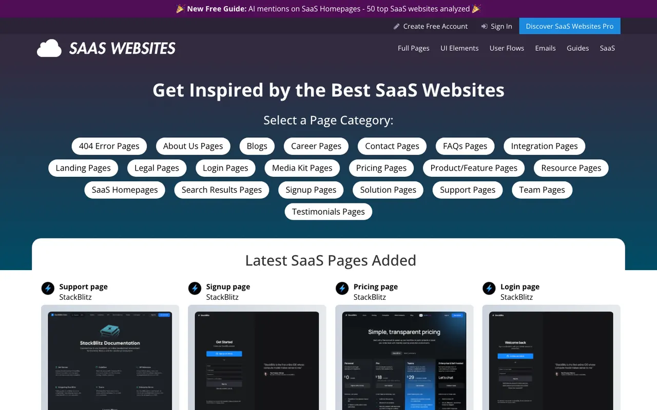 SaaS Websites homepage headed 'Get Inspired by the Best SaaS Websites' with page category pills such as Pricing Pages and Signup Pages over a grid of latest SaaS pages