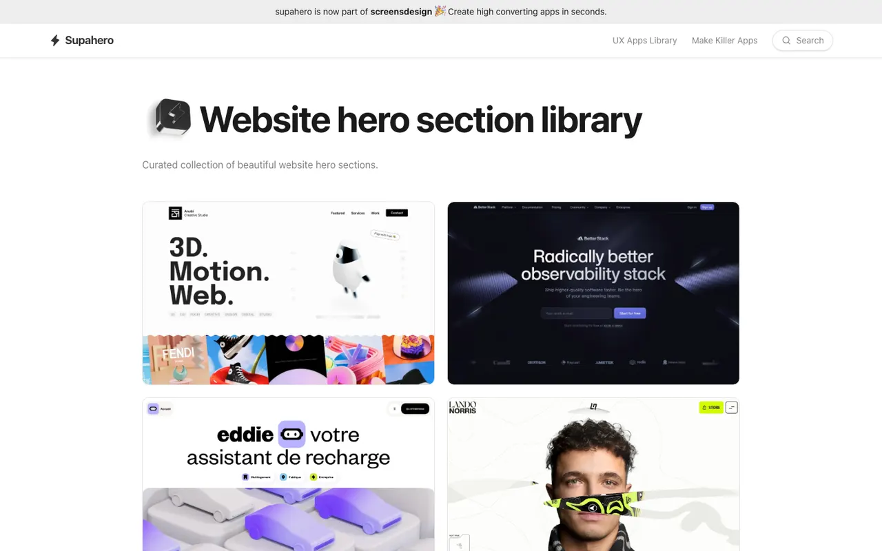 Supahero's 'Website hero section library' page showing a grid of curated hero section screenshots