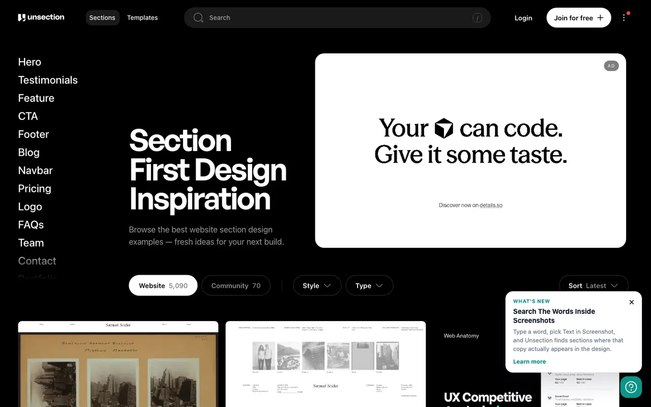 Unsection section-first design inspiration page with a Hero category list and a Join for free button