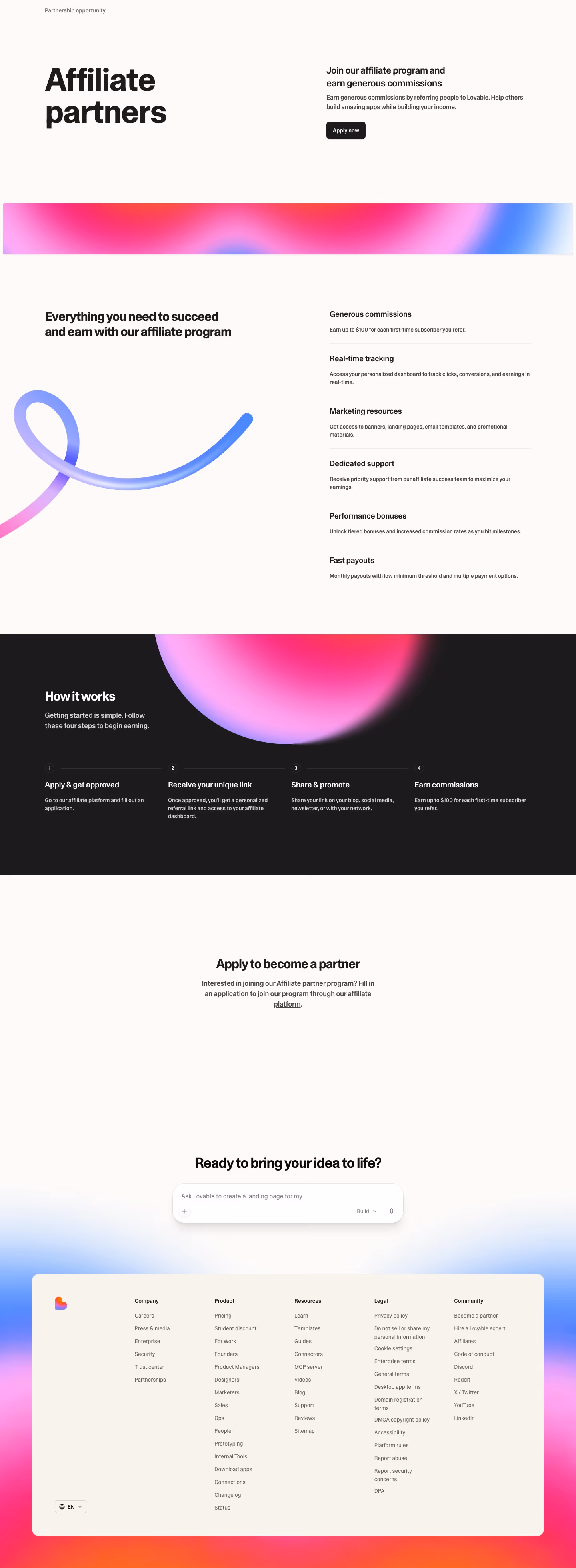 Lovable Affiliate pages section design