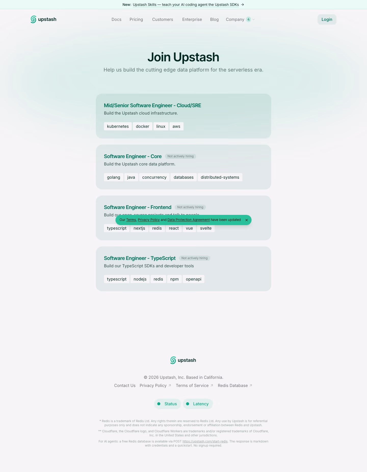 Upstash Careers pages section design