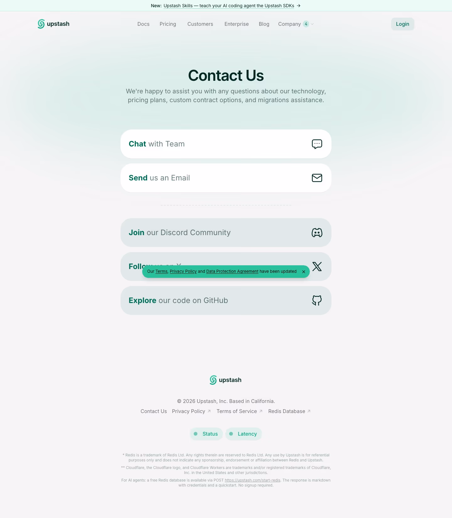 Upstash Contact Us section design