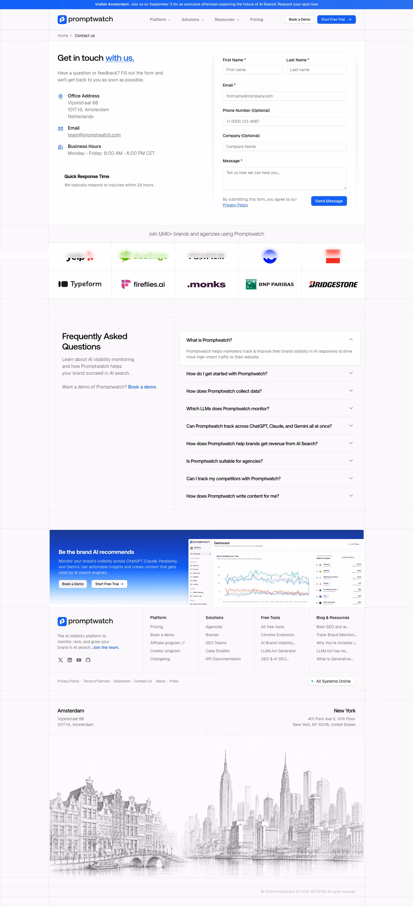 Promptwatch Contact Us section design