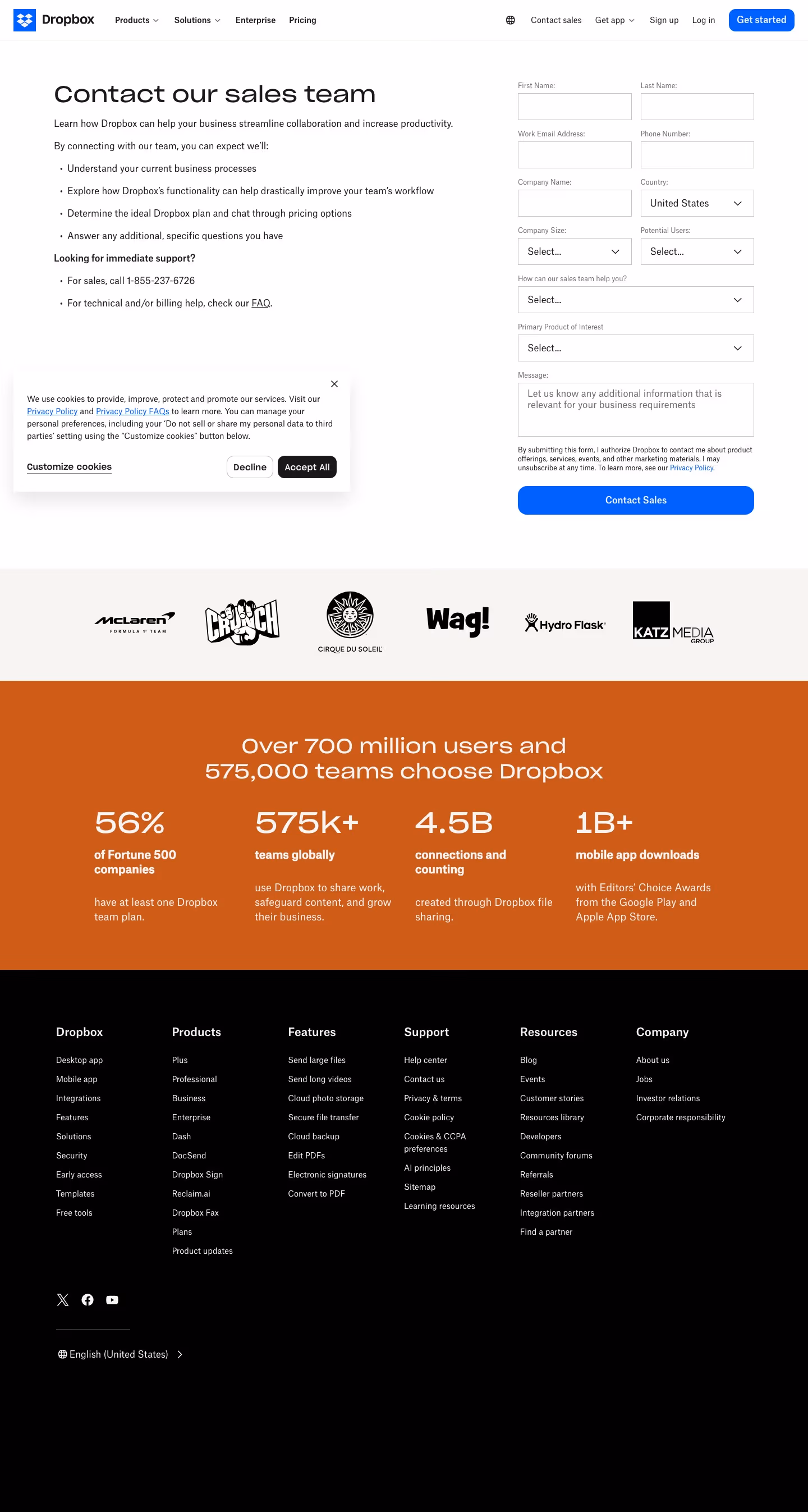 Dropbox Contact Us section design