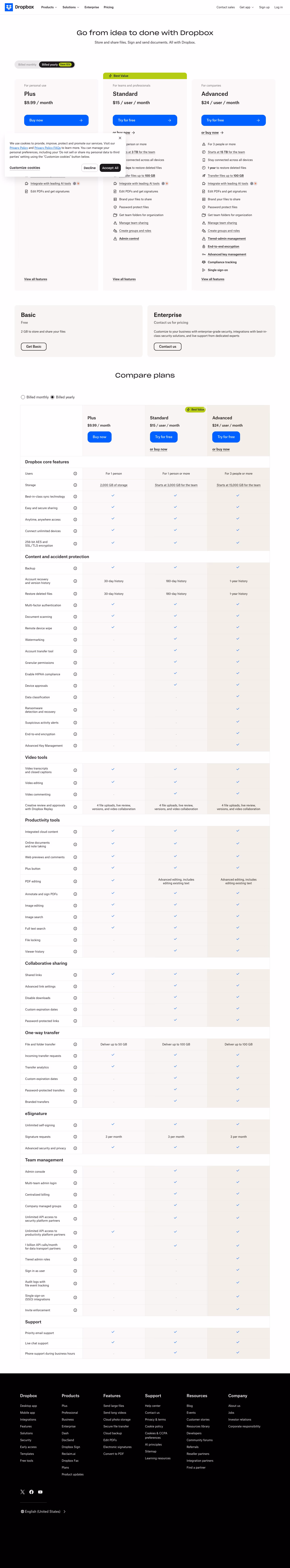 Dropbox Pricing & Plans section design