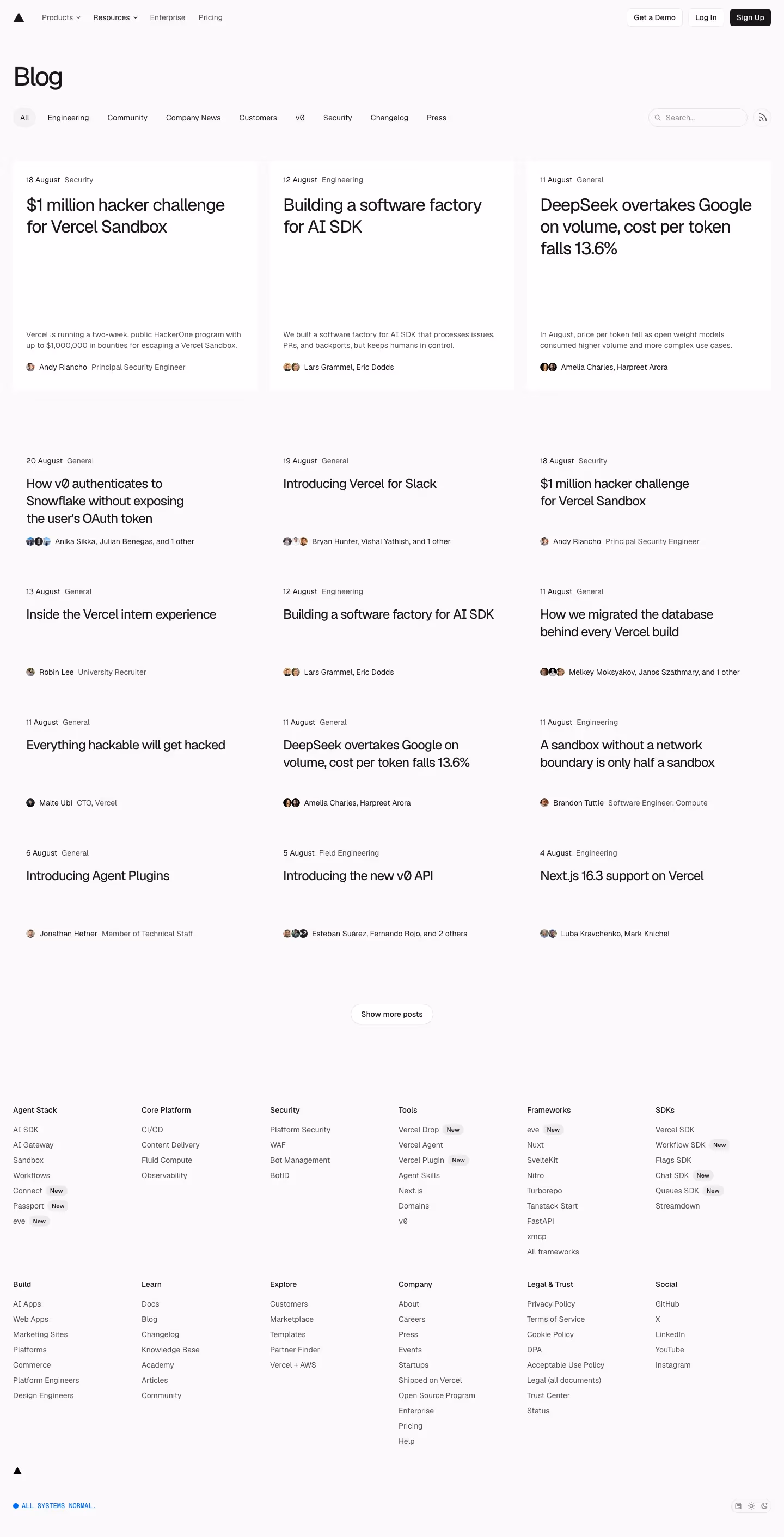 Vercel Blog pages section design
