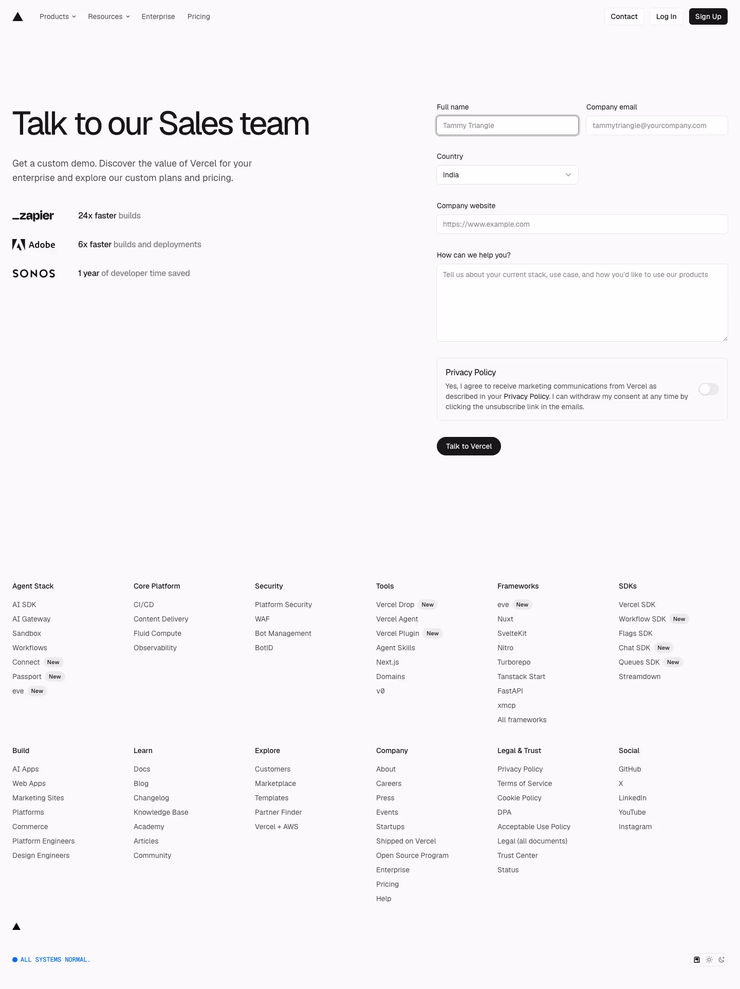 Vercel Contact Us section design