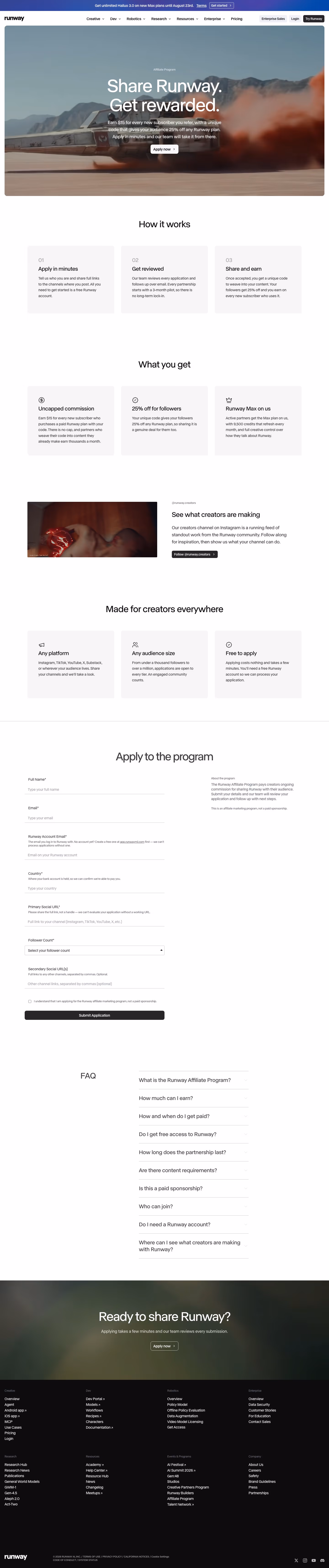 Runwayml Affiliate pages section design