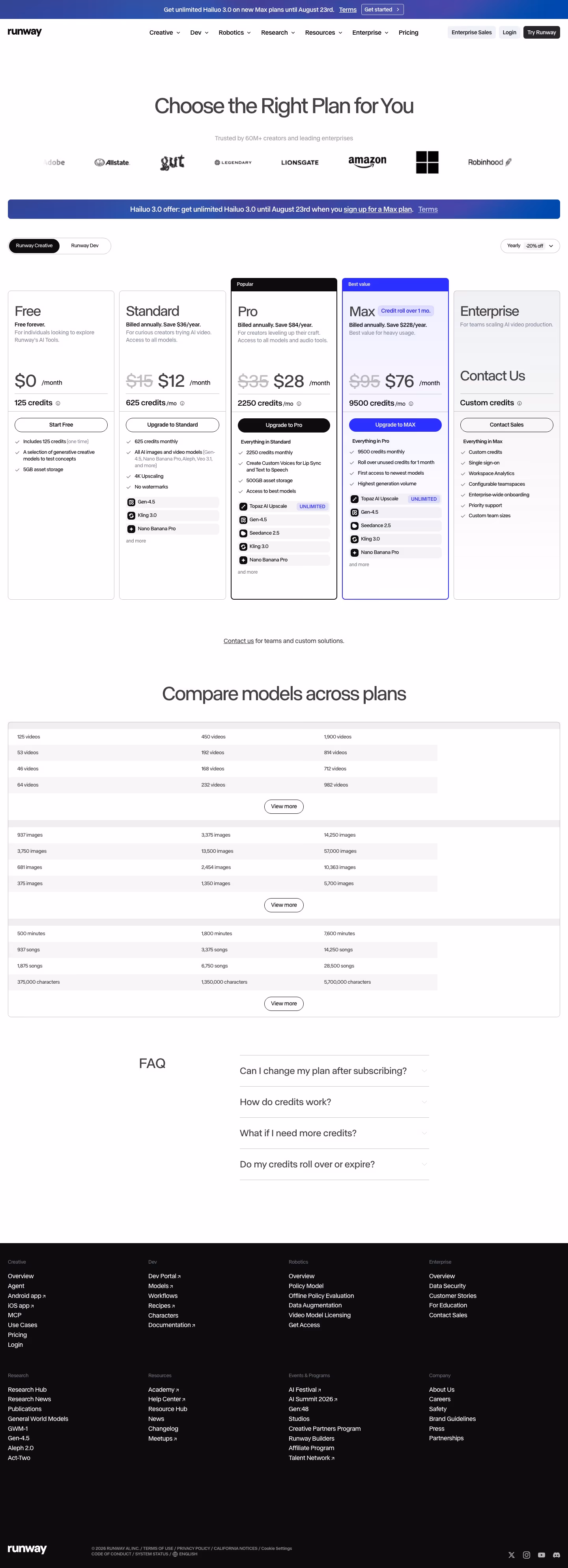 Runwayml Pricing & Plans section design