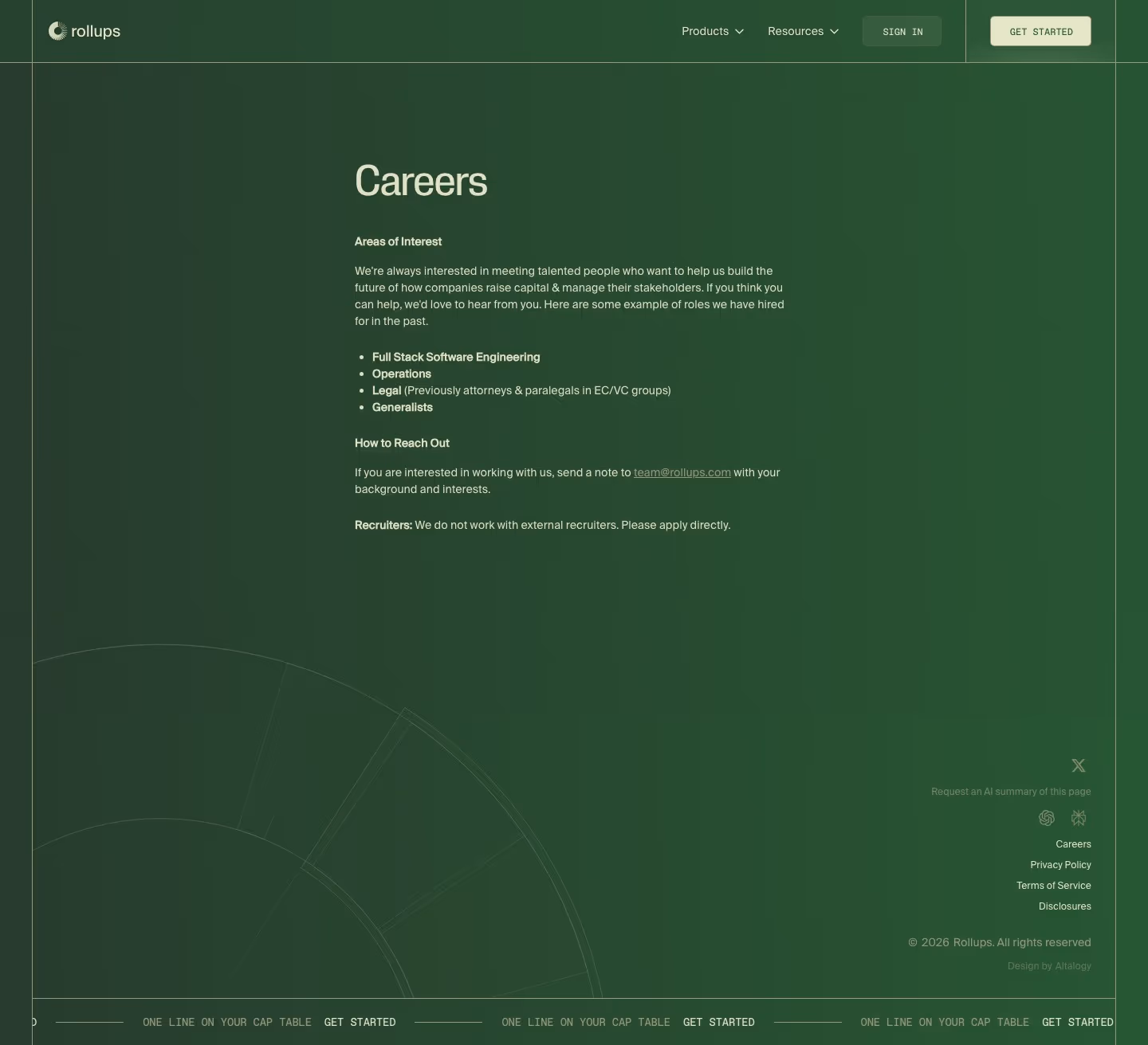 Rollups Careers pages section design