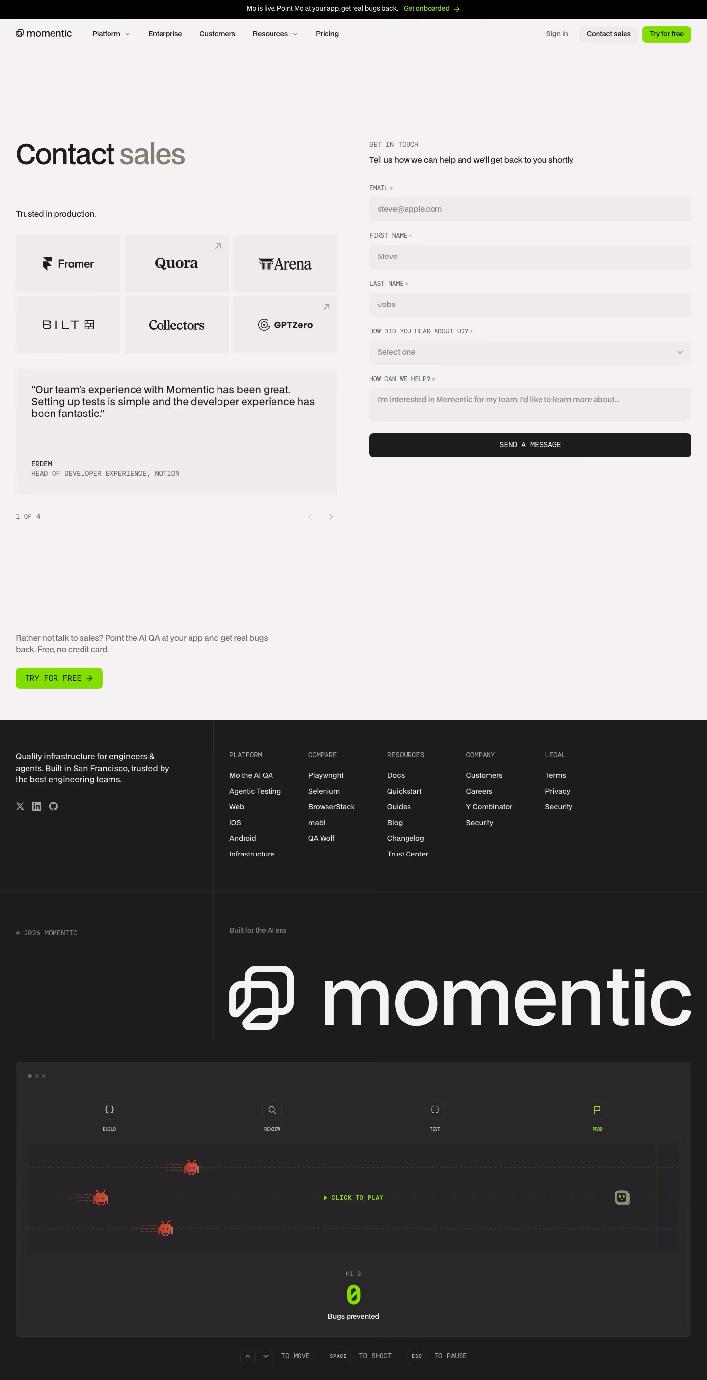 Momentic Contact Us section design