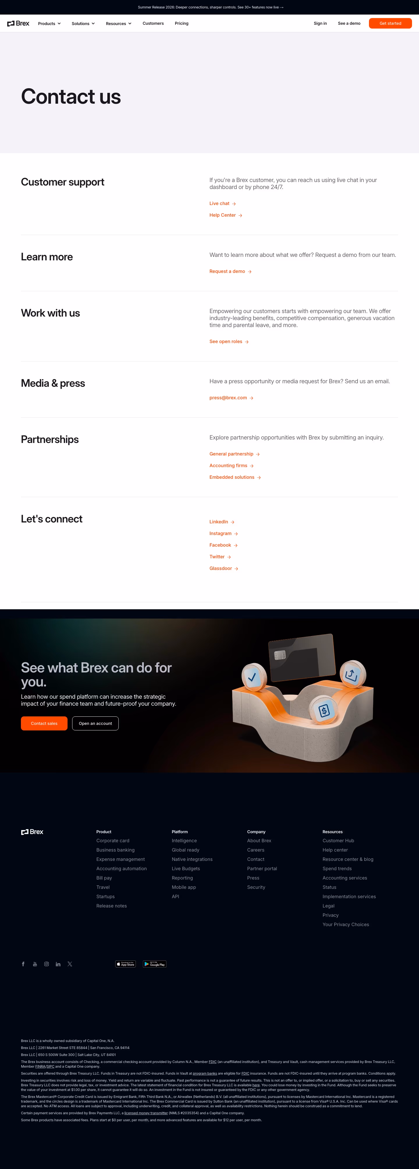 Brex contact us design — Finance