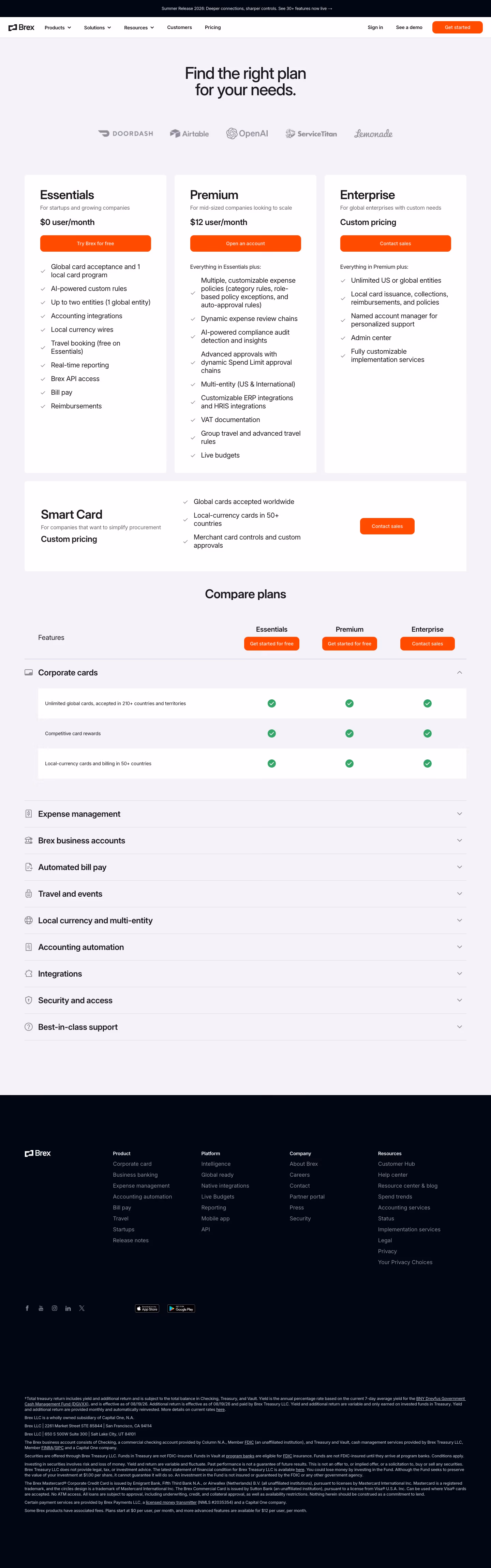 Brex Pricing & Plans section design