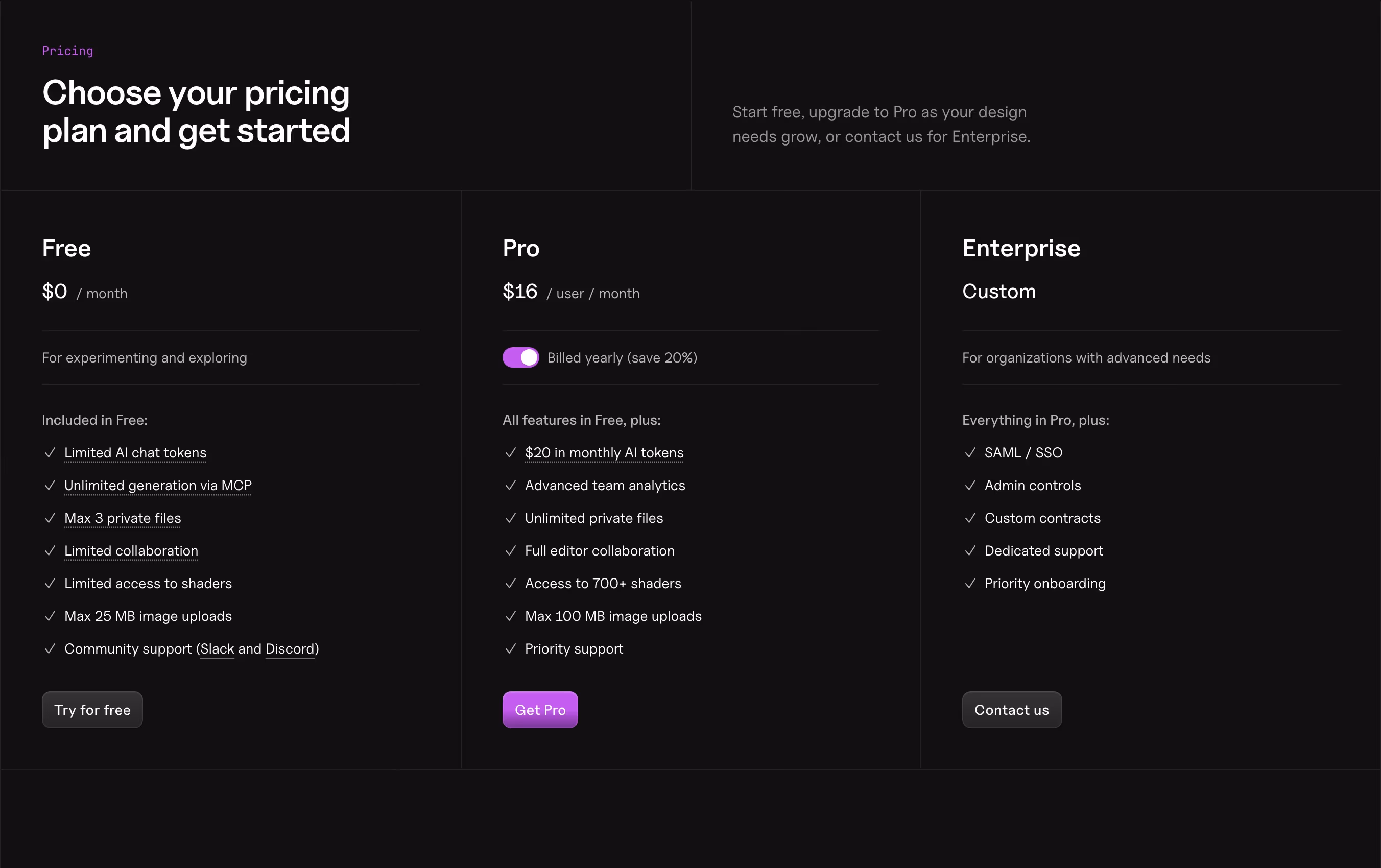 Wonder Pricing section design