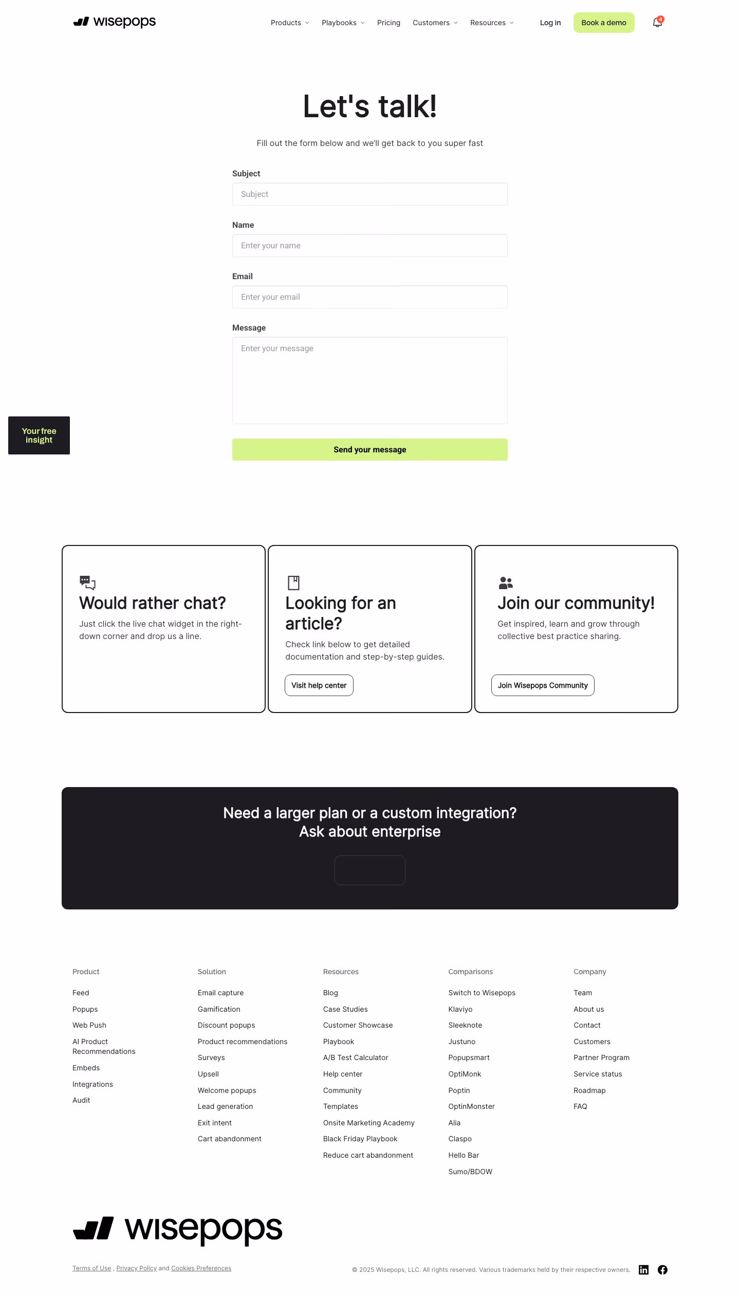 Wisepops Contact Us section design