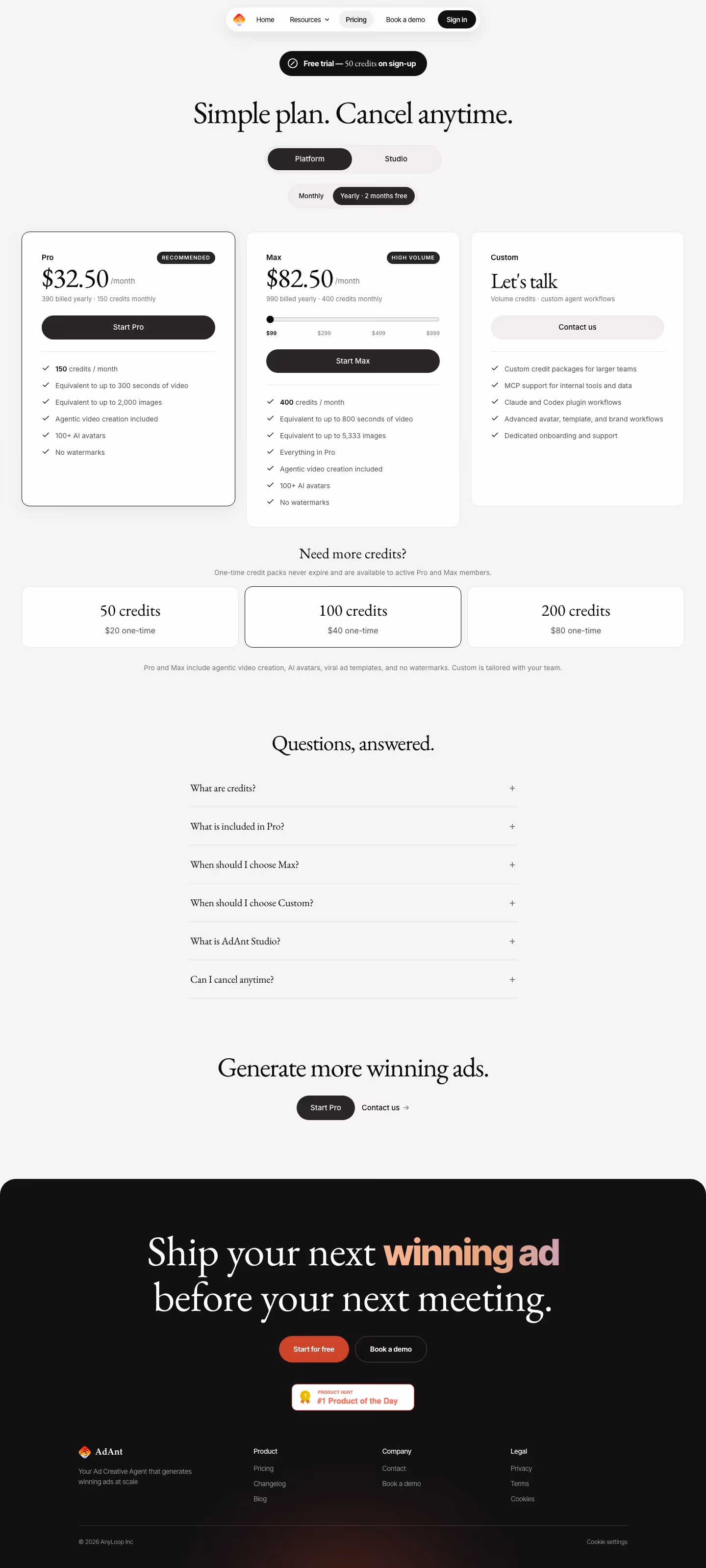 Adant pricing & plan design — Marketing