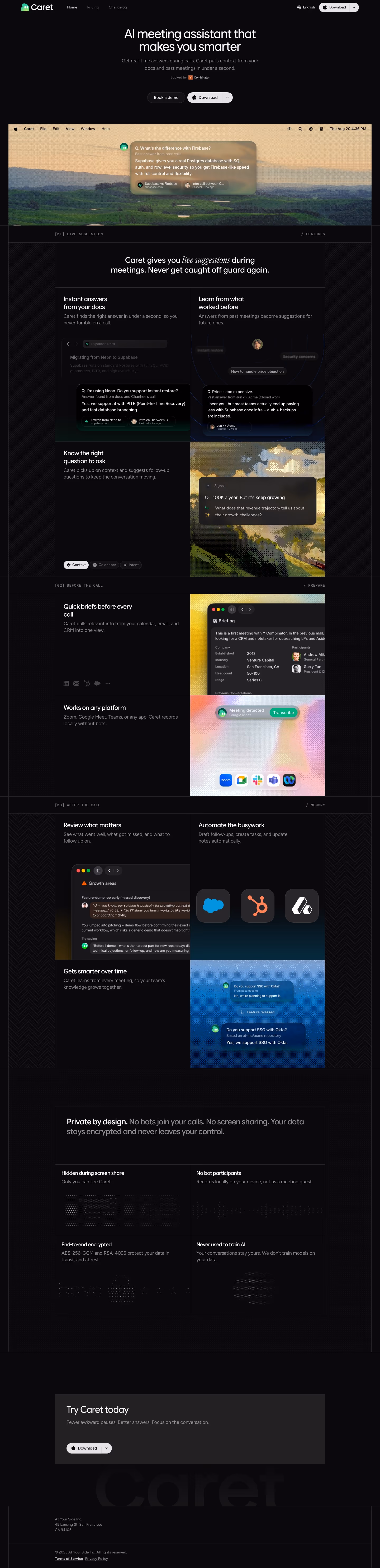 Caret landing page design — Productivity