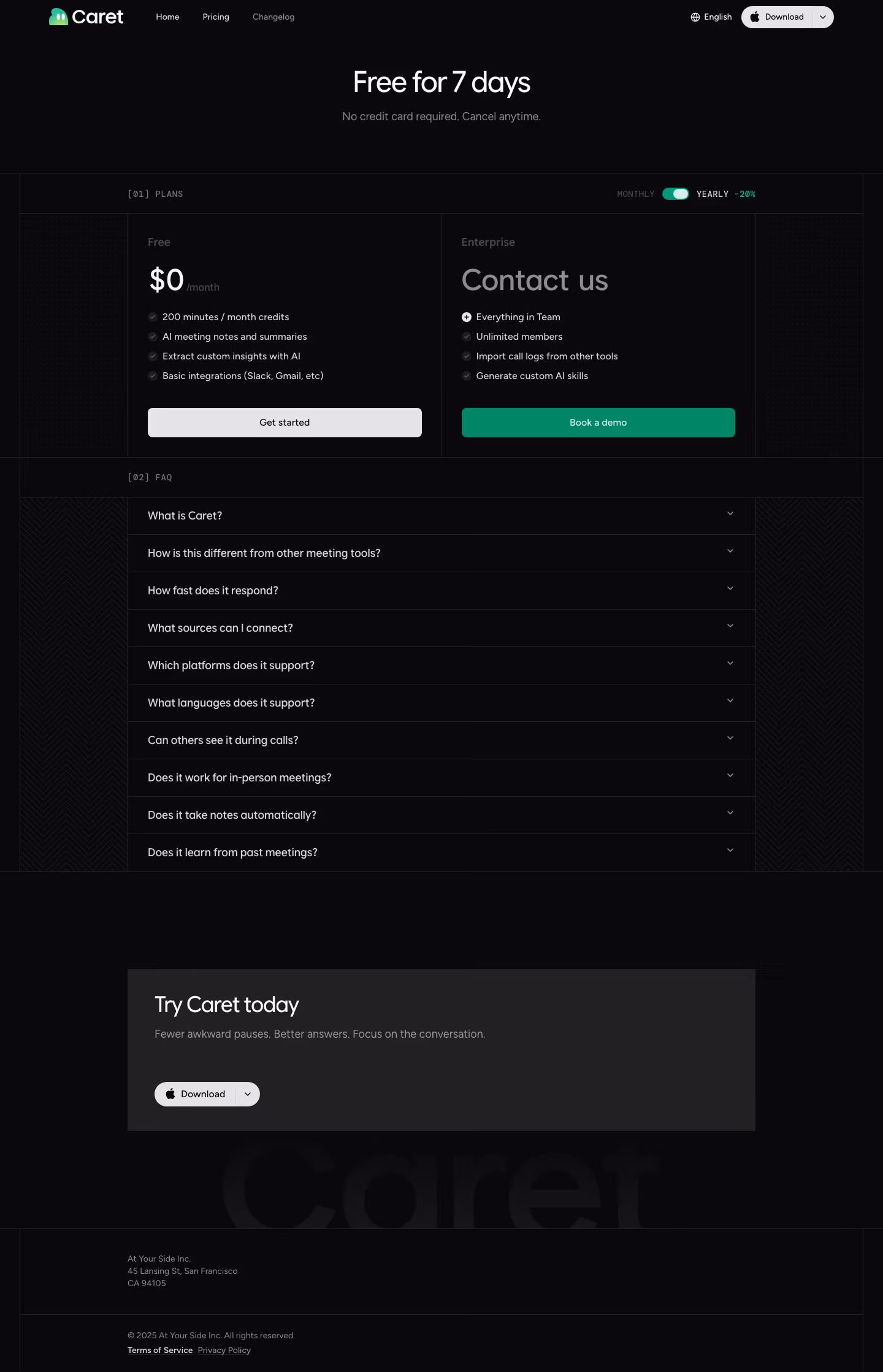 Caret Pricing & Plans section design