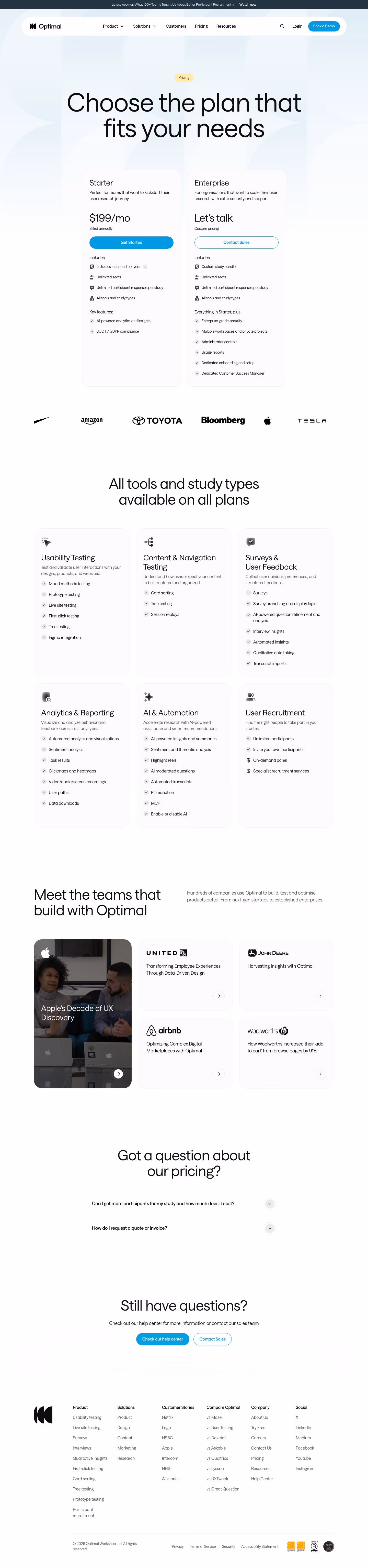 Optimalworkshop Pricing & Plans section design