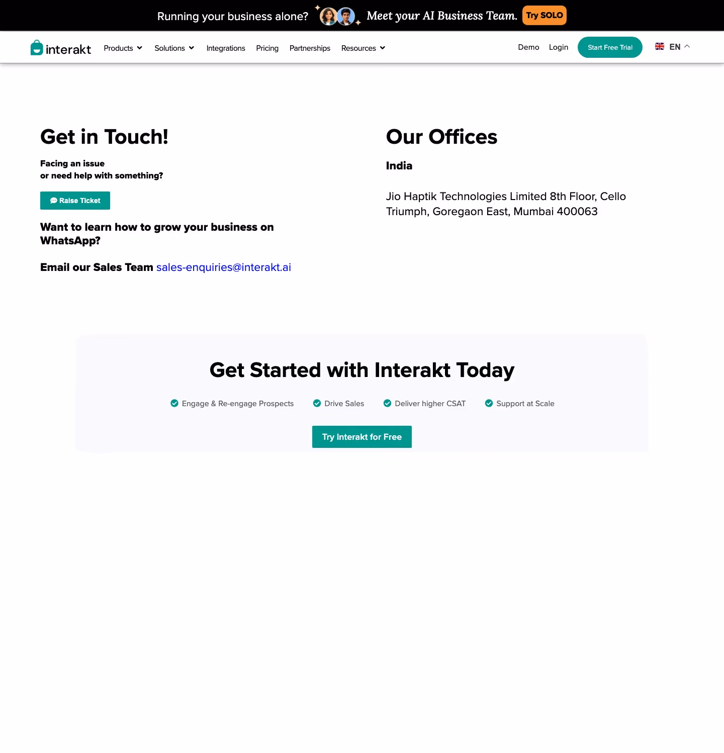 Interakt Contact Us section design