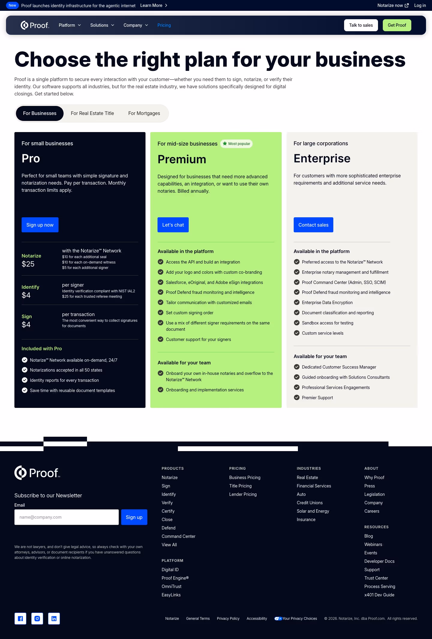 Proof Pricing & Plans section design