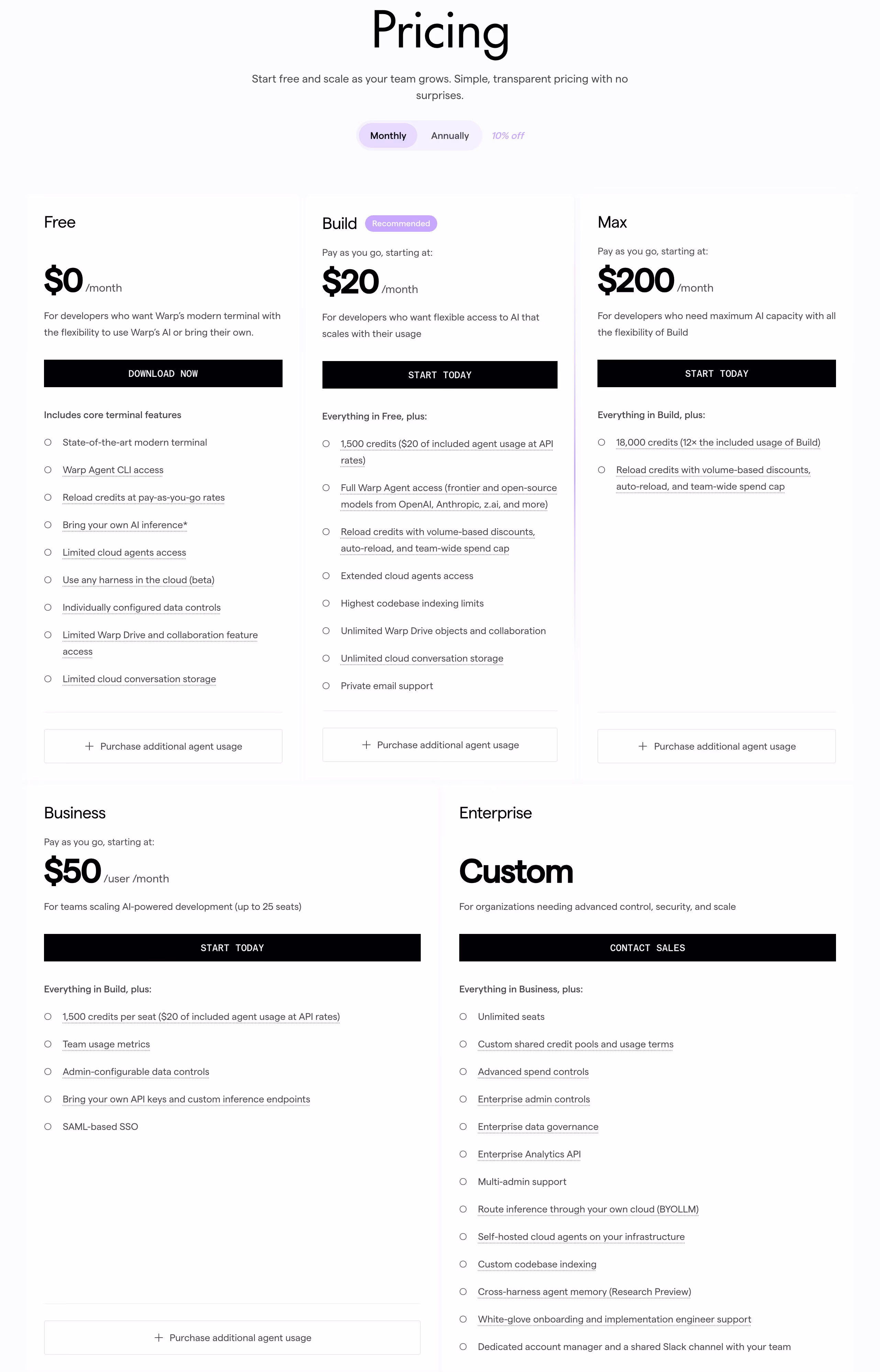 Warp Pricing section design