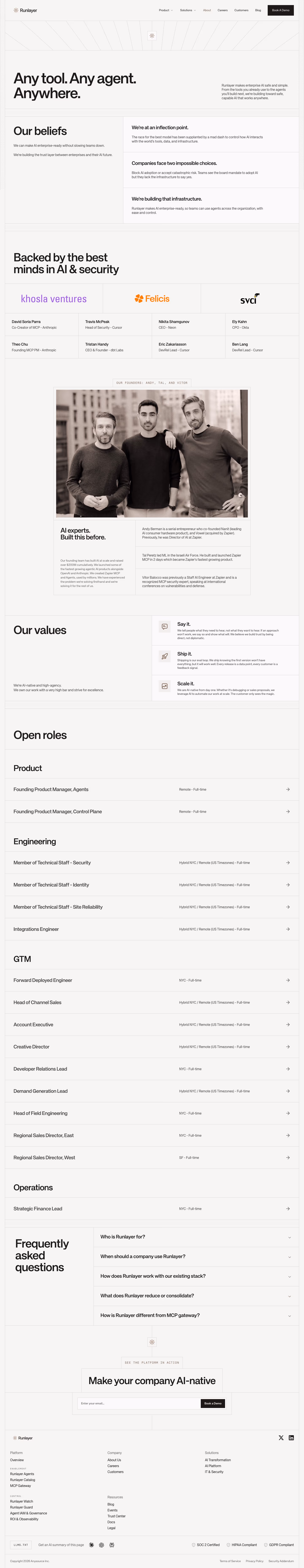 Runlayer About Us section design