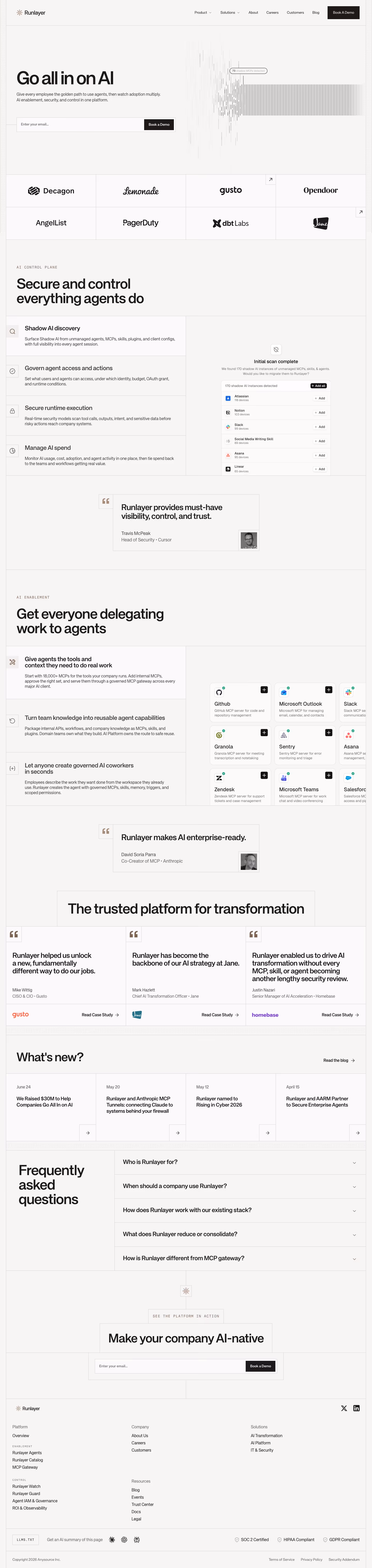 Runlayer landing page design — AI
