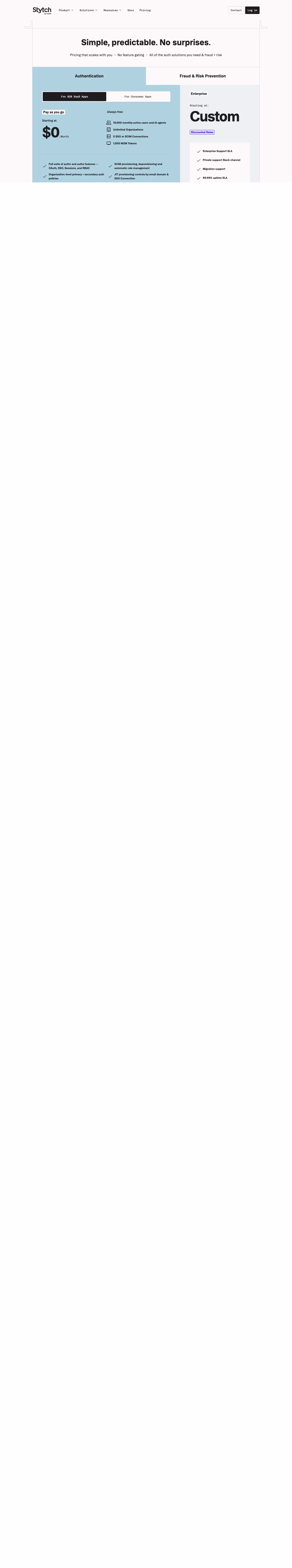 Stytch Pricing & Plans section design