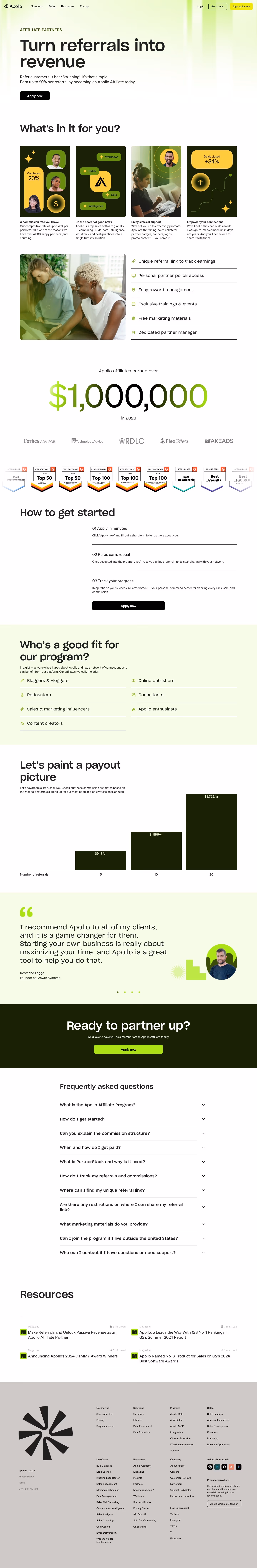 Apollo affiliate page design — Sales & Support