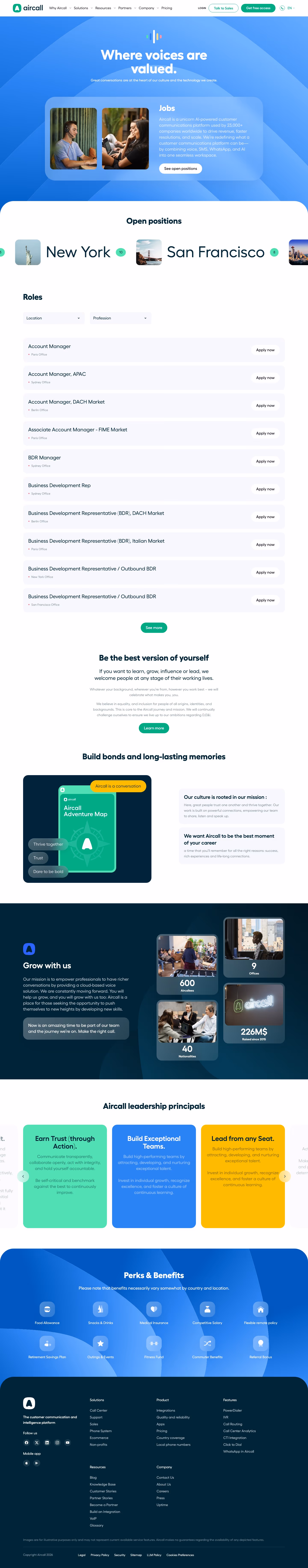 Aircall careers page design — Sales & Support