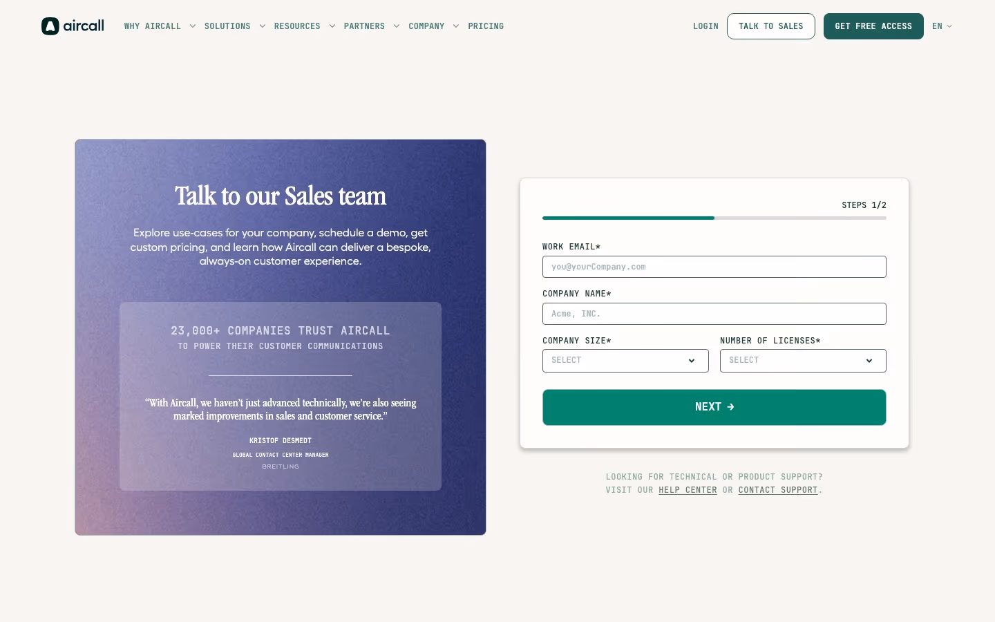 Aircall contact us design — Sales & Support