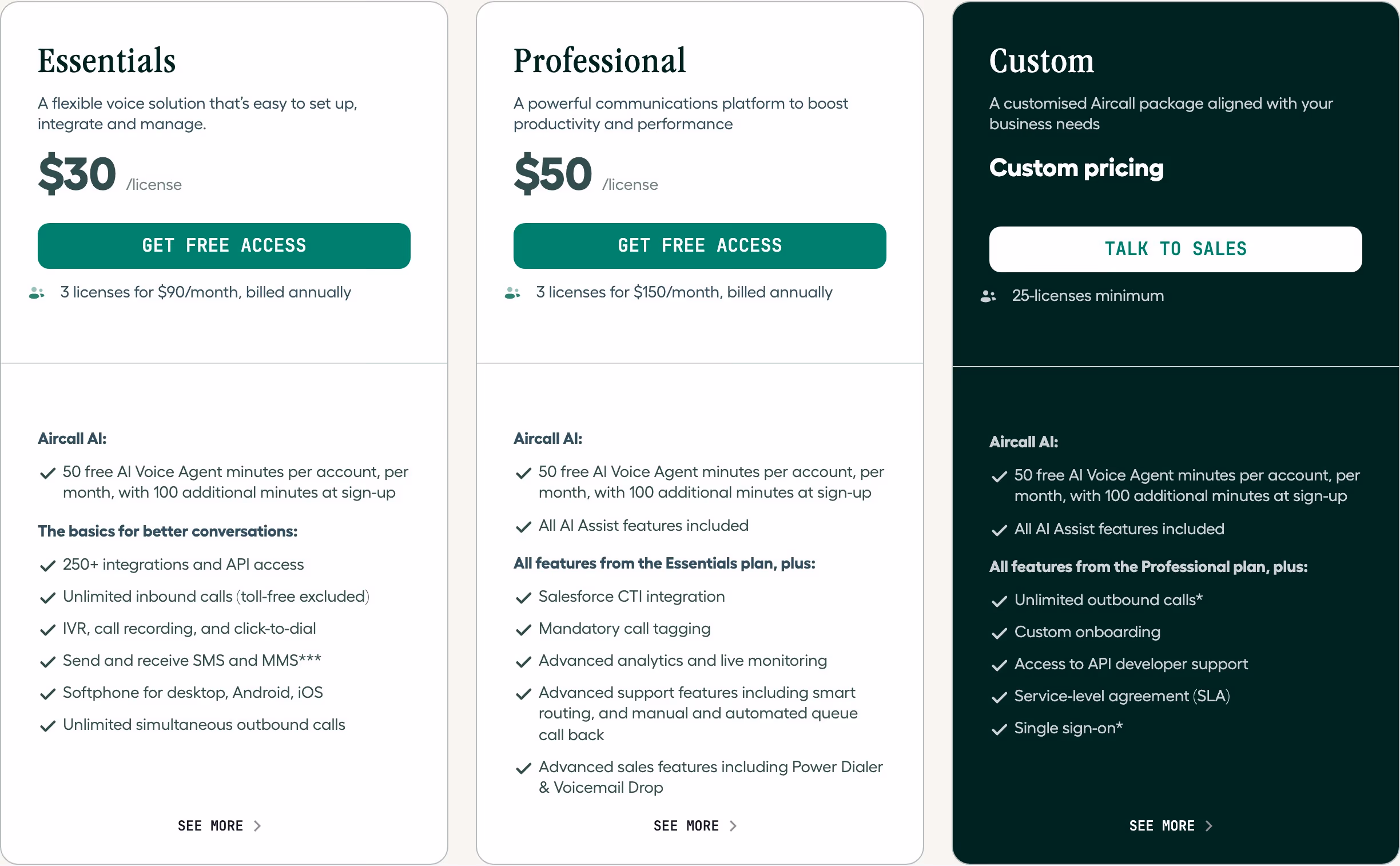 Aircall pricing design — Sales & Support